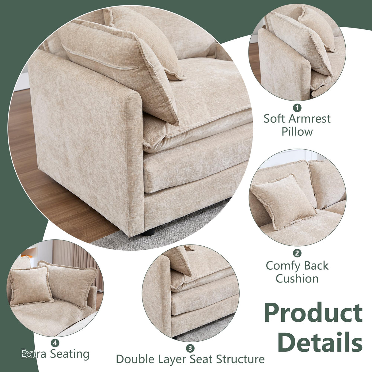 GNIXUU Cloud Couch Oversized Modular Sectional Sofa for Living Room, Modern Chenille 7 Seater Corner Sofa with Deep Seat, Large U-Shaped Couch Set for Spacious Space Apartment, Camel GNIXUU