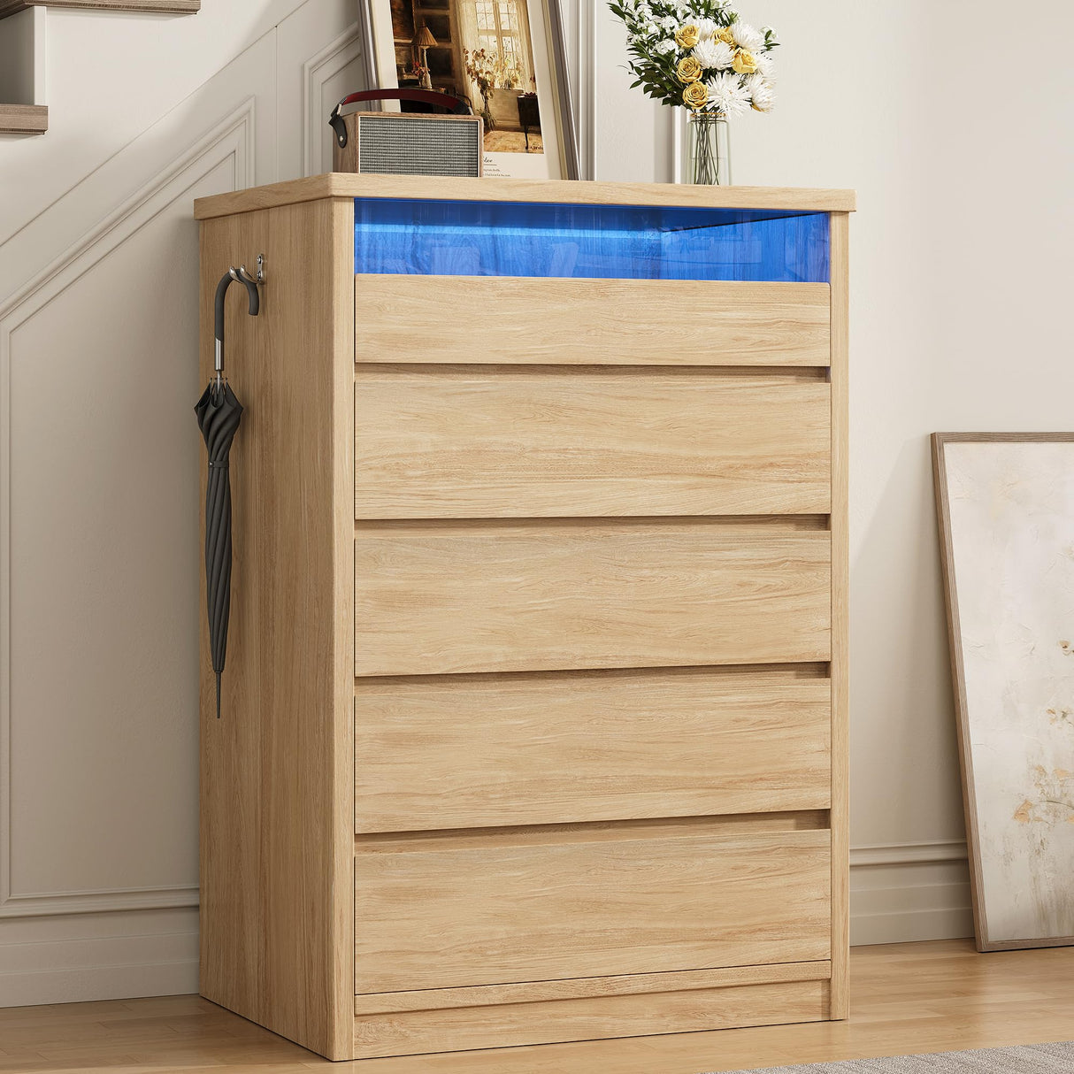 Jocoevol Larger Oak 5 Drawer Dresser for Bedroom with LED Light, Modern Chest of Drawers with Hidden Handles, Tall Wooden Dresser Closet for Living Room, Entryway, Hallway - Oak Jocoevol