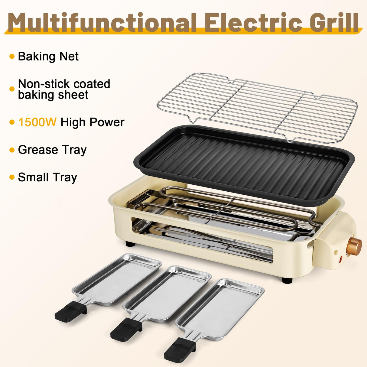 Pukomc Electric Indoor Grill,2 in 1 Indoor Grills for Kitchen with Grill Net & Non-Stick Cooking Removable Plate, Temperature Control, Dishwasher Safe, 1500W Smokeless Grill Pukomc