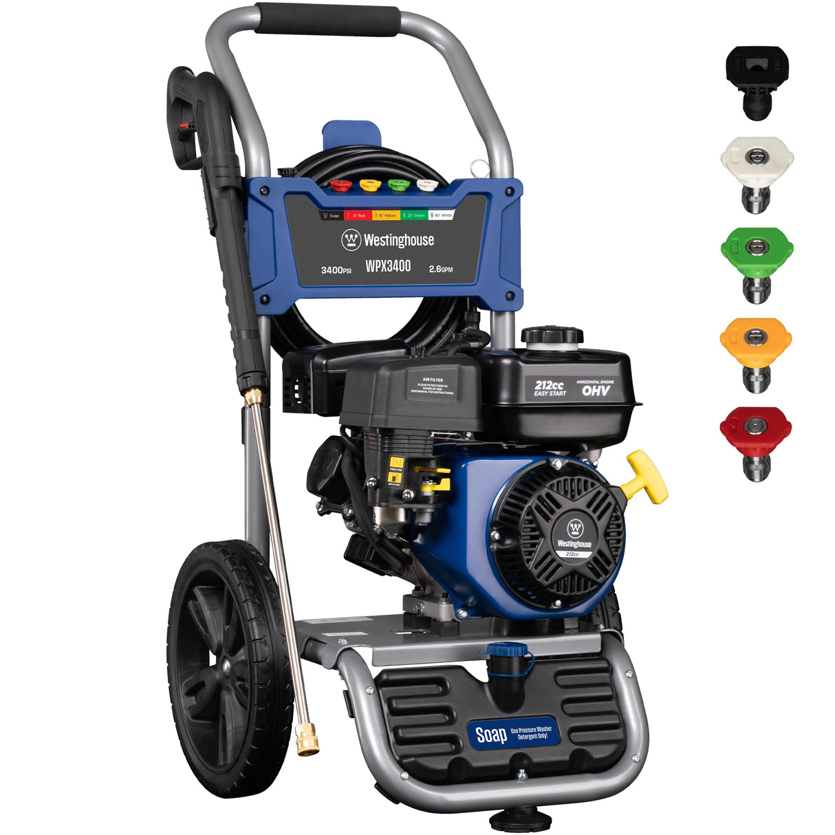 Westinghouse WPX3400 Gas Pressure Washer, 3400 PSI and 2.6 Max GPM, Onboard Soap Tank, Spray Gun and Wand, 5 Nozzle Set, for Cars/Fences/Driveways/Homes/Patios/Furniture Westinghouse