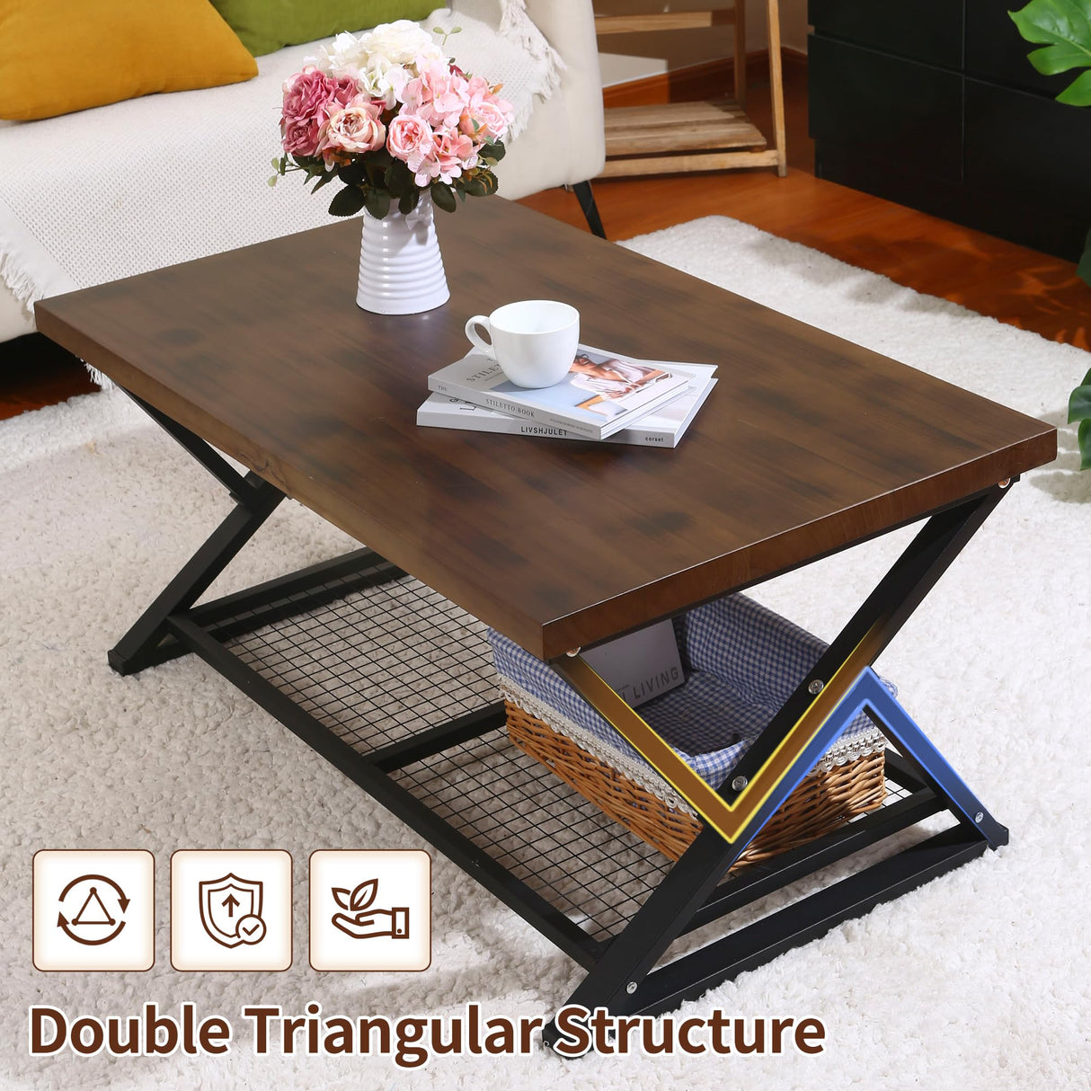 EASYSOUL Solid Wood Coffee Tables for Living Room, Farmhouse Coffee Table with Storage Shelf, 2-Tier Rustic Mid Century Coffee Table, 47.24 Inch Rectangle Center Table (Brow, 47.24") EASYSOUL