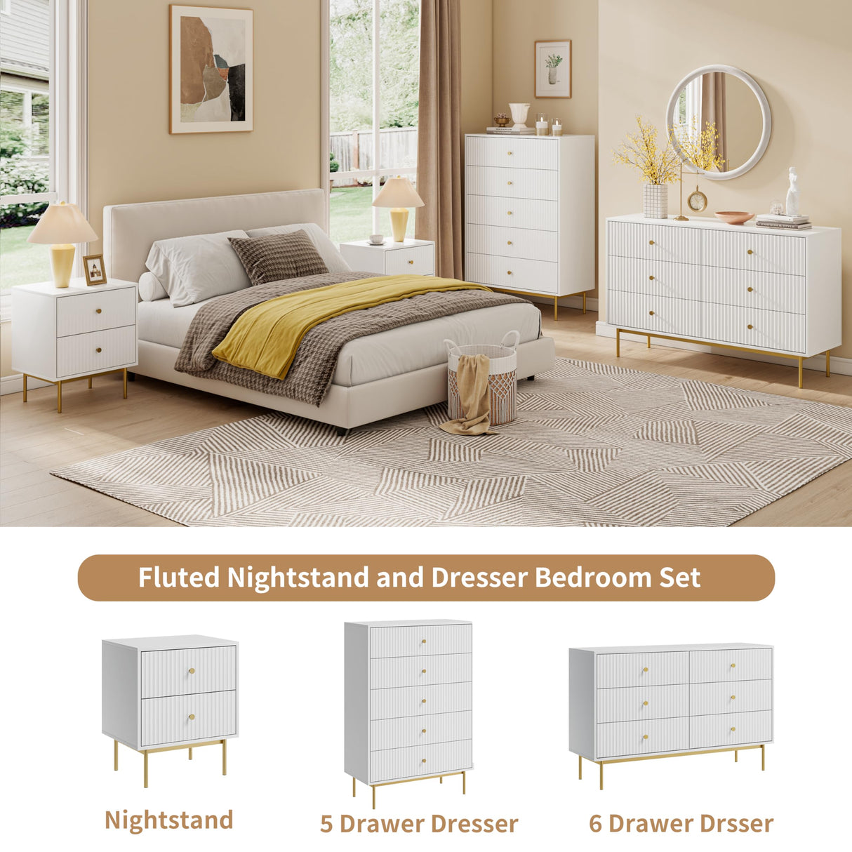 MAISONARIA 6 Drawer Double Dresser for Bedroom, White Dresser with Gold Handles, White 6 Drawer Dresser with Fluted Panels, Modern Wood Dresser Chest for Bedroom MAISONARIA