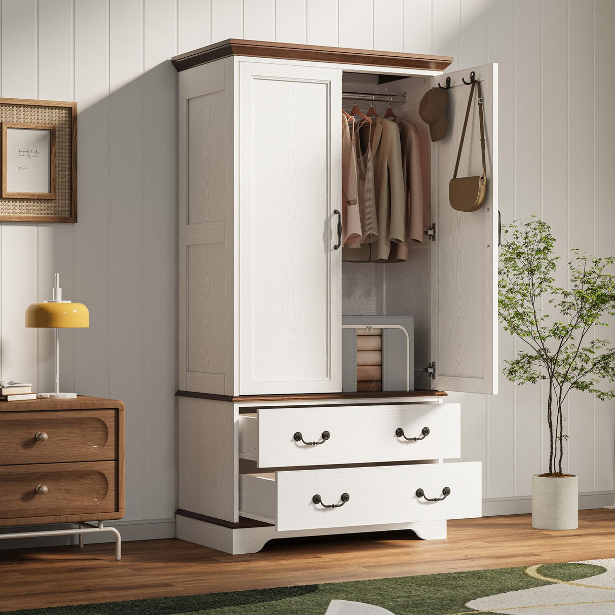 LIKIMIO Armoire Wardrobe Closet with Mirror, 70.1" Wooden Clothing Storage Cabinet with 2 Doors & 2 Drawers, Modern Bedroom Freestanding Wardrobe Combination with Hanging Rod, Cherry with White LIKIMIO