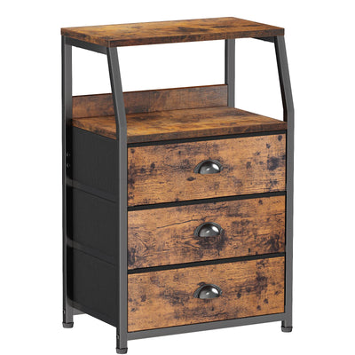 Furnulem Nightstand with 3 Drawers and 2-Tier Shelf, Fabric Small Dresser Organizer Vertical Storage Tower for Bedroom, Closet, Hallway, Nursery, End Table Side Furniture, Sturdy Steel Frame, Wood Top