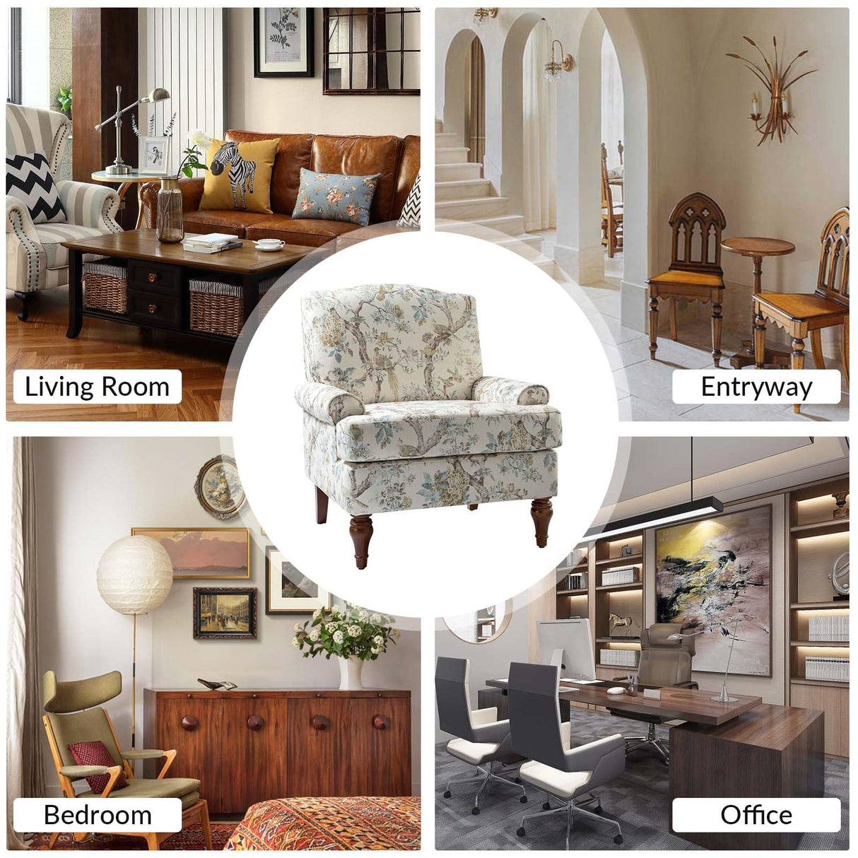 HULALA HOME Accent Chair with Solid Legs & Removable Cushion, Farmhouse Floral Comfy Upholstered Armchair, Leisure Single Sofa Chair for Living Room Bedroom HULALA HOME
