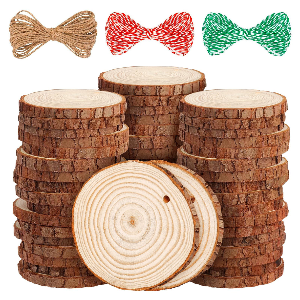 54Pcs Wood Slices, LOOFORE 2.4"-2.8" Unfinished Natural Wood Rounds with Pre-drilled Hole, Wood Slices for Wood Burning Painting DIY Crafts Christmas Ornaments Party Wedding Decor LOOFORE