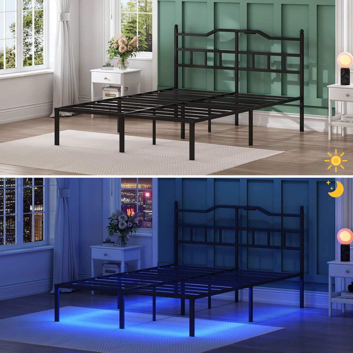 YORMDMO King Bed Frame with LED Lights, 14 inch Metal Bedframe with Headboard, Outlets & USB, Heavy Duty Basic Steel Slats Platform, Noise Free, No Box Spring Needed YORMDMO