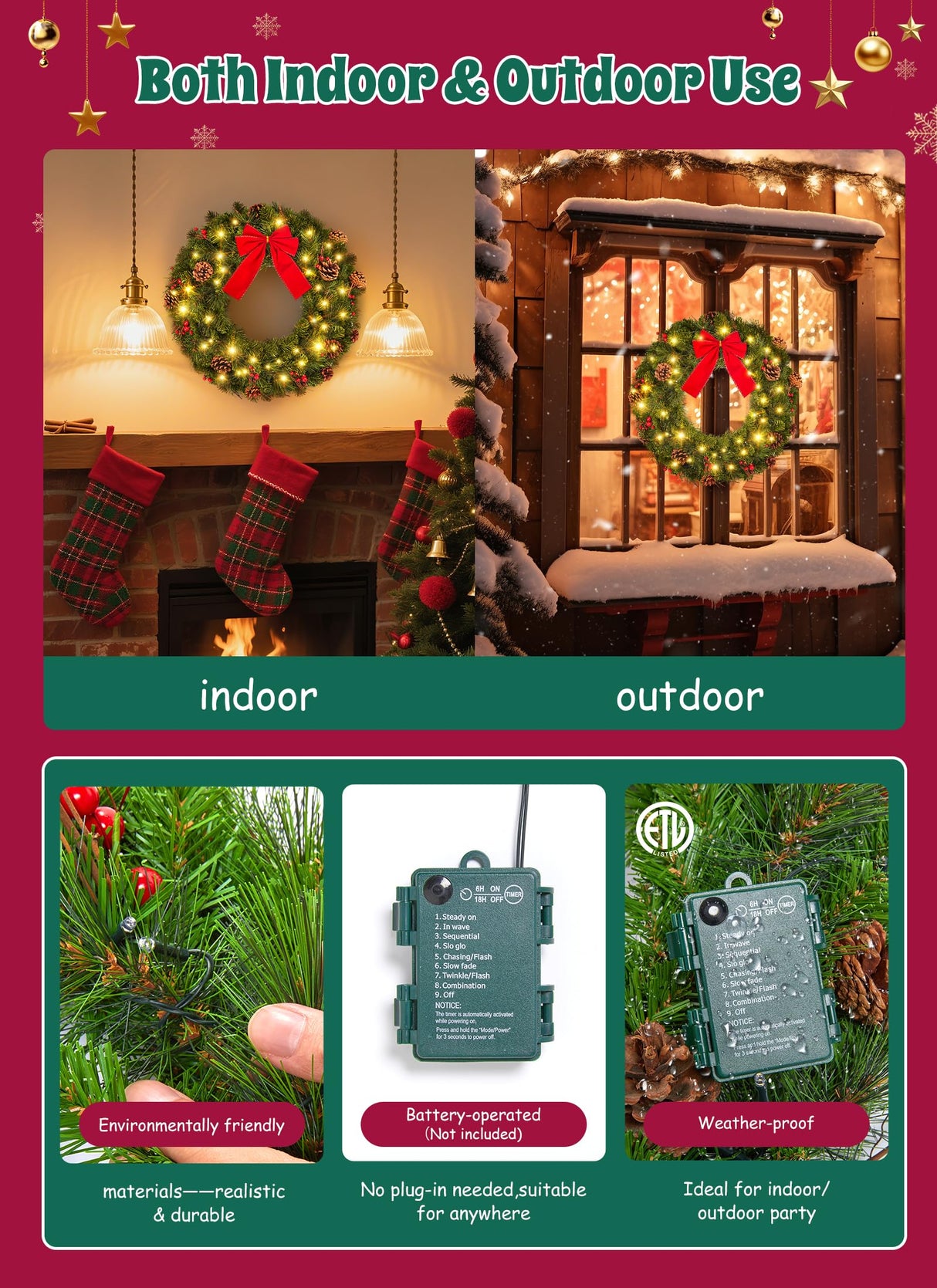 Brightown 24 Inch Pre-Lit Christmas Wreaths for Front Door, IP44 Battery Operated 50 LED Christmas Wreath, Decor with Pinecones Pine Needles Branches Red Berry Mini Bow for Front Door Wall Window Brightown