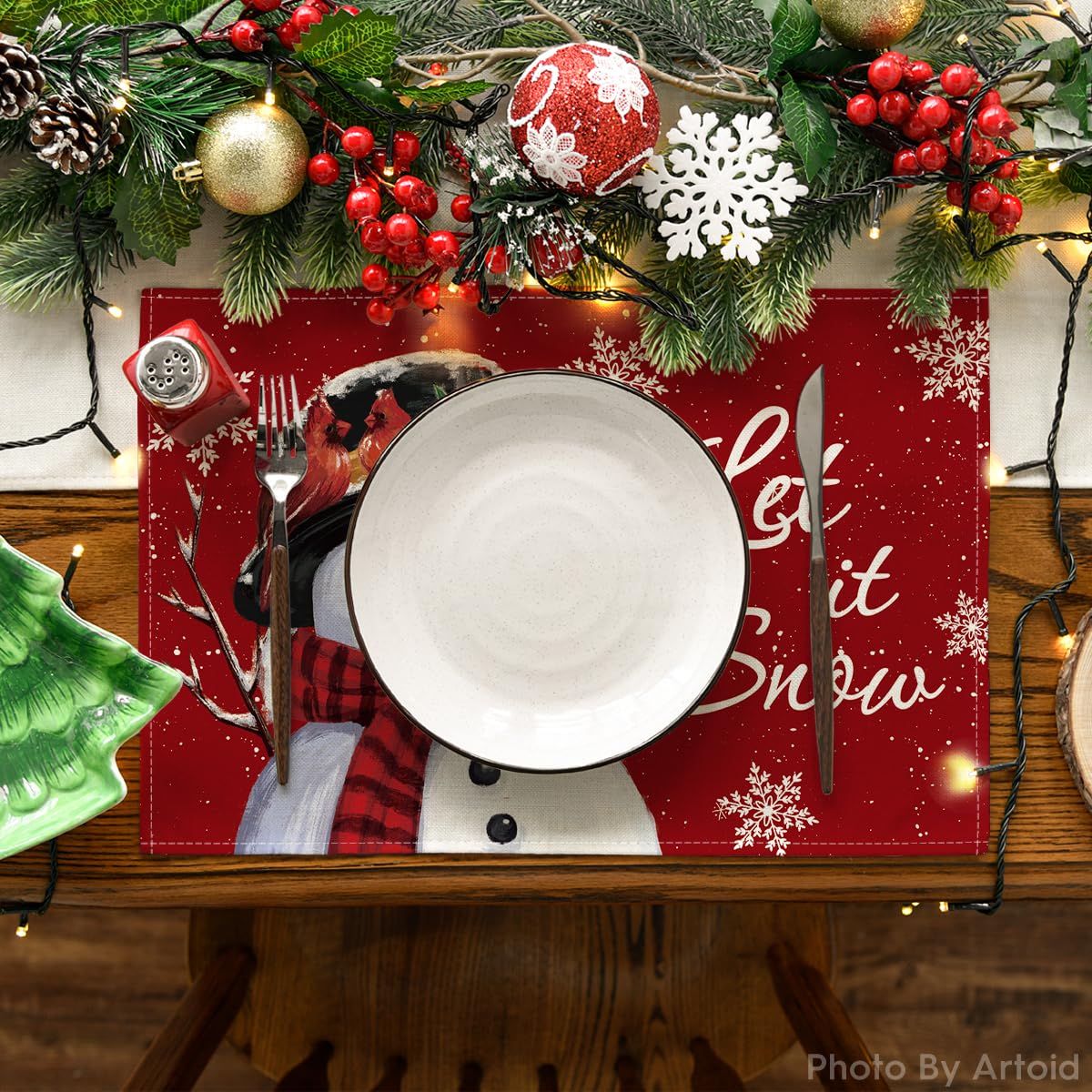 Artoid Mode Red Snowman Let It Snow Winter Placemats Set of 4, 12x18 Inch Seasonal Christmas Holiday Table Mats for Party Kitchen Dining Decoration Artoid Mode