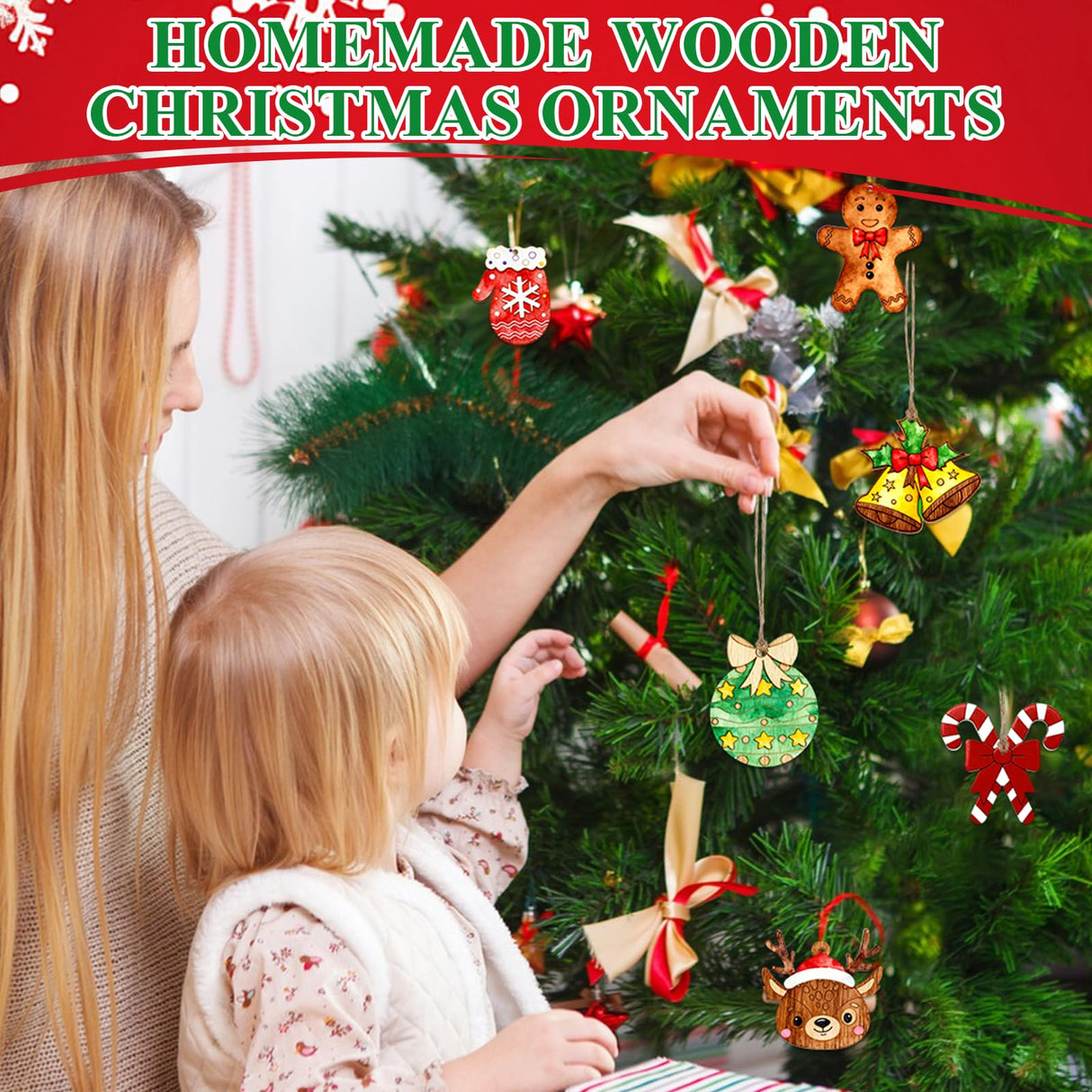 SPOKKI 108PCS Wooden Christmas Ornaments Unfinished to Paint, 12 Styles DIY Blank Wood Slices for Crafts, Christmas Tree Hanging Decorations, Holiday DIY Art Craft Kit for Kids and Adults SPOKKI