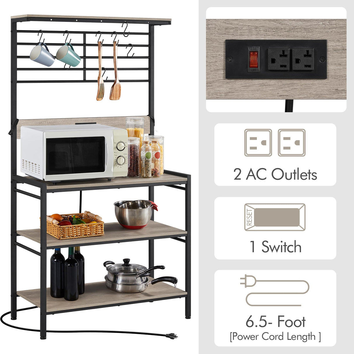 Yaheetech Bakers Rack with Power Outlet, Coffee Bar Station with 5 S-Hooks, 33 Inches Kitchen Storage Shelf Rack for Spices, Pots and Pans, Microwave Stand for Dinning Room/Living Room, Gray Yaheetech