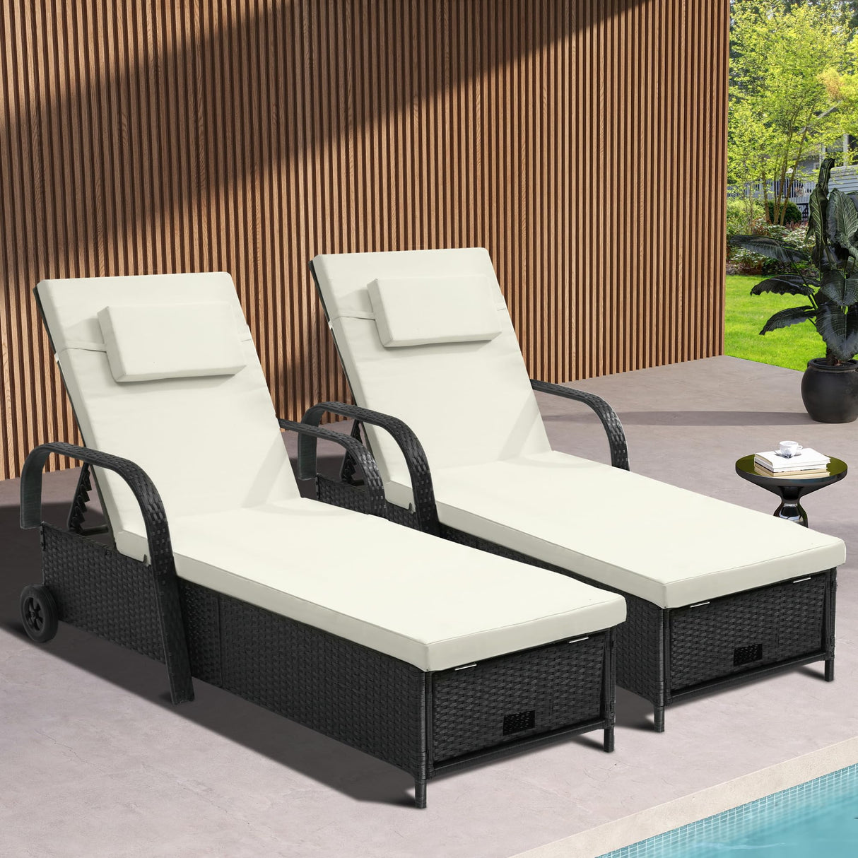 YITAHOME Chaise Lounge Chair with Storage, Wicker Patio Lounge Set of 2 with 5-Position Backrest, Rattan Pool Reclining with Headrest, Arm, Cushion, and Wheel for Poolside Balcony Garden(Black+Beige) YITAHOME