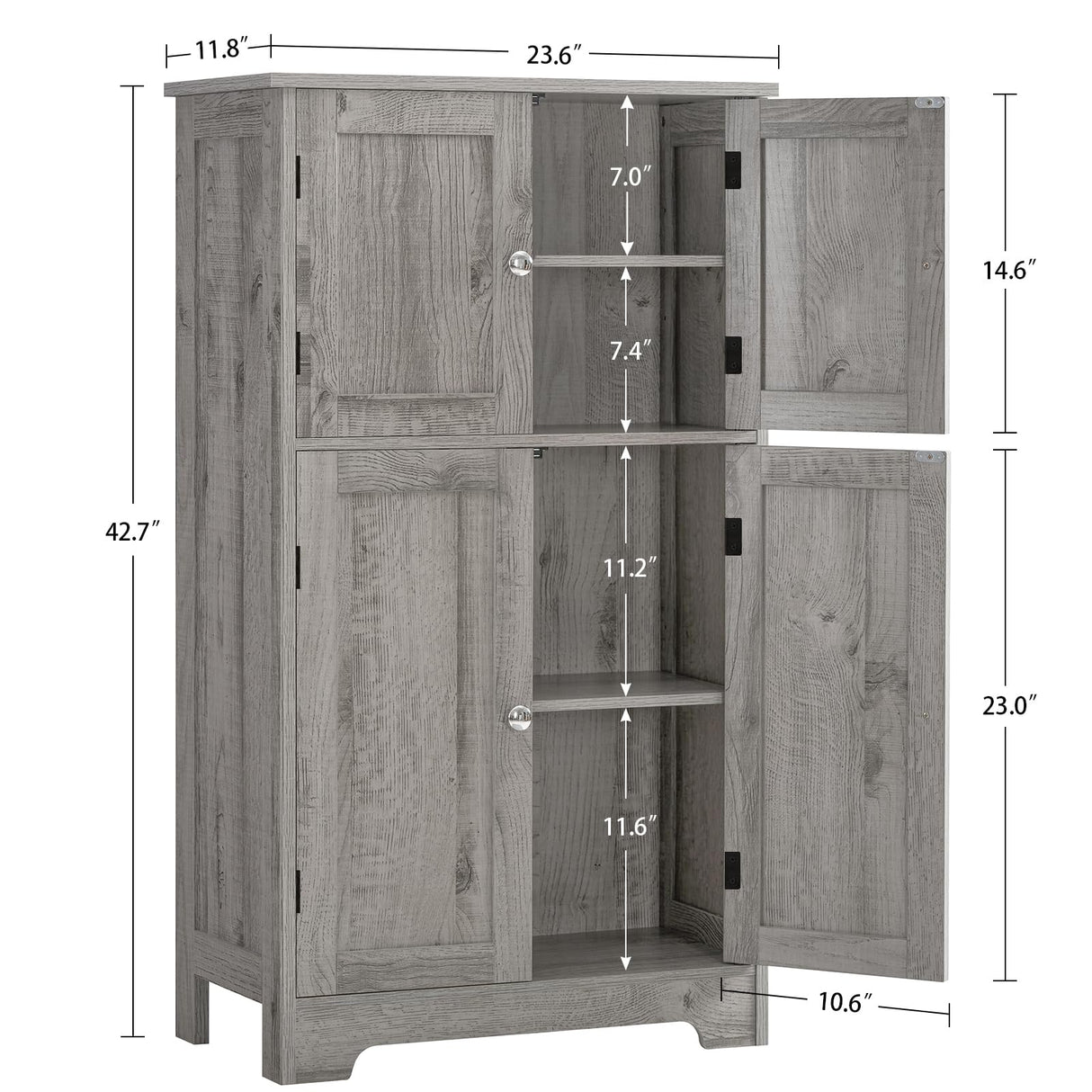 TEENFON Bathroom Floor Storage Cabinet, Freestanding Bathroom Storage Unit with 2 Adjustable Shelves & 4 Doors, 11.8 x 23.6 x 42.7 Inches, Grey TEENFON