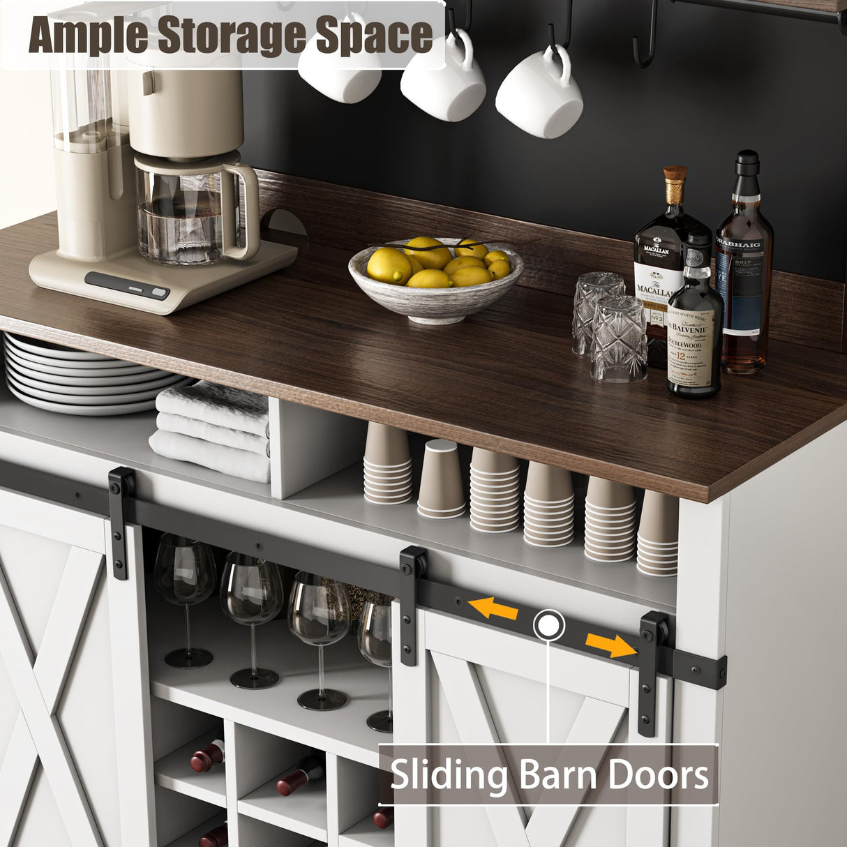 IDEALHOUSE Coffee Bar Cabinet, Farmhouse Buffet Cabinet with Storage, 75" Tall Bar Cabinet Kitchen Buffet Sideboard with Sliding Barn Door Coffee Hutch Cabinet for Dining Room (White) IDEALHOUSE