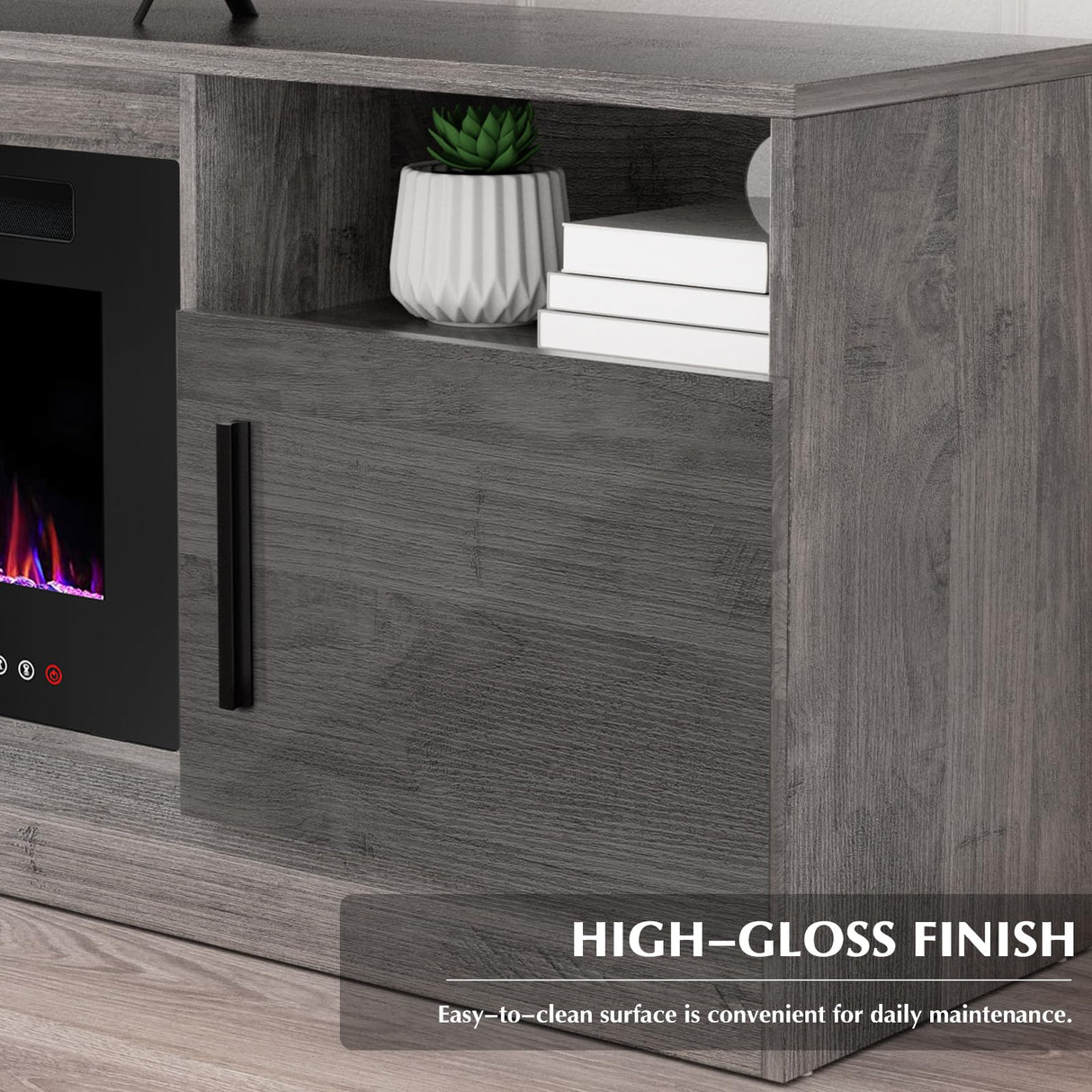 LEMBERI Fireplace tv Stand with 36 inch Fireplace Up to 80" TVs,LED Light Entertainment Center and Storage, 70" Modern Wood Media TV Console with Highlight Cabinet for Living Room (Gray) LEMBERI