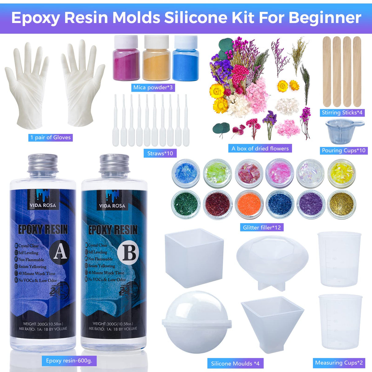 Vida Rosa Epoxy Resin Kits for Beginners with molds,dried flower,600ml/ 21.16oz Crystal Coating for Art, Craft, Jewelry Making, River Tables,2 Gloves, 2 Measuring Cup and 2 Wooden Sticks VidaRosa
