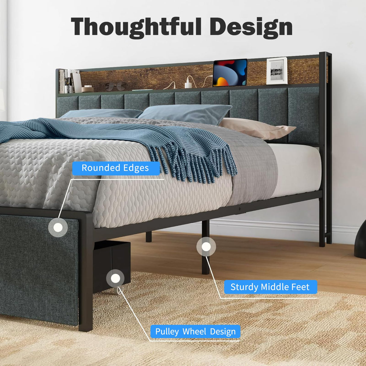 Full Size Bed Frame with Headboard Storage LED Bed with Sliding Drawers and Charging Station, No Box Spring Needed, Thickened Metal Slats, Easy Assembly Yeeloon