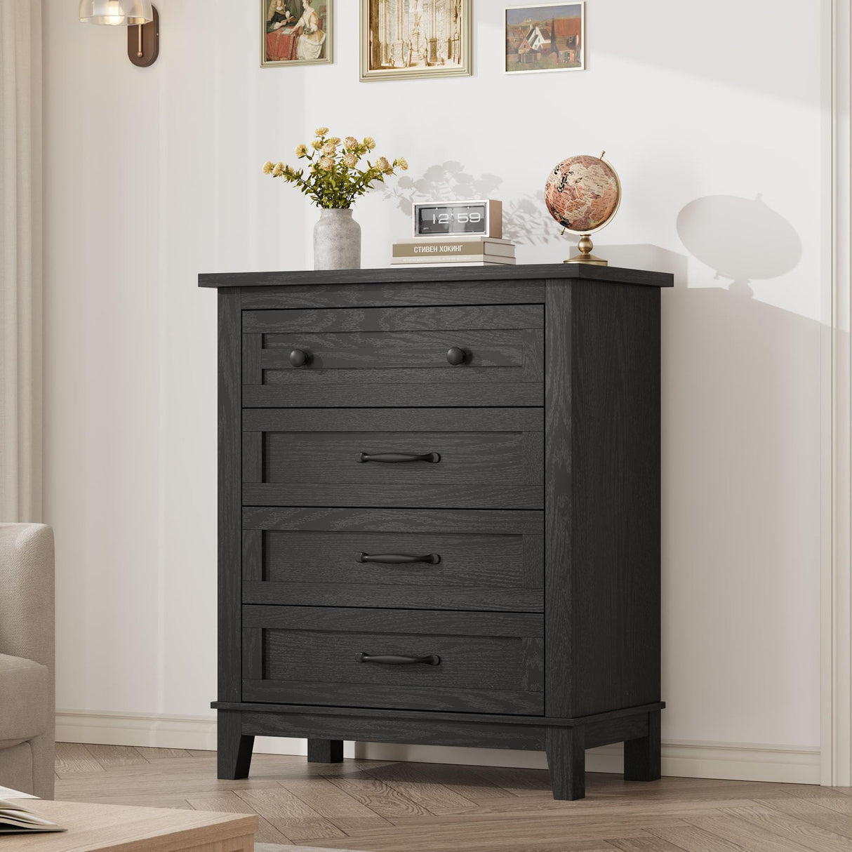 GarveeHome 4 Dresser for Bedroom, 34.8 in Tall Vertical Drawer Dresser with Large Storage, Freestanding Wooden Closet Chest for Bedroom, Living Room, Black GarveeHome