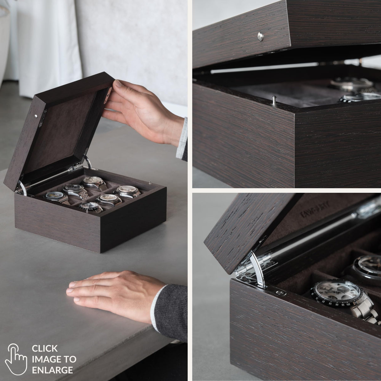 TAWBURY 6 Slot Wood Watch Box - Unisex Wooden Watch Box Crafted from Exquisite Kassod Wood | Compact Design, Fully Lined Interior, Soft-Close Metal Hinges, Push-Latch Locking System TAWBURY