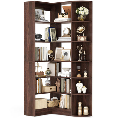 Cyclysio Corner Shelf 6 Tiers Large Tall Corner Bookshelves with Baffle, 71" L-Shaped Bookcase Display Shelves with Open Storage for Bedroom, Home Office, Living Room & Kitchen (Black Walnut)