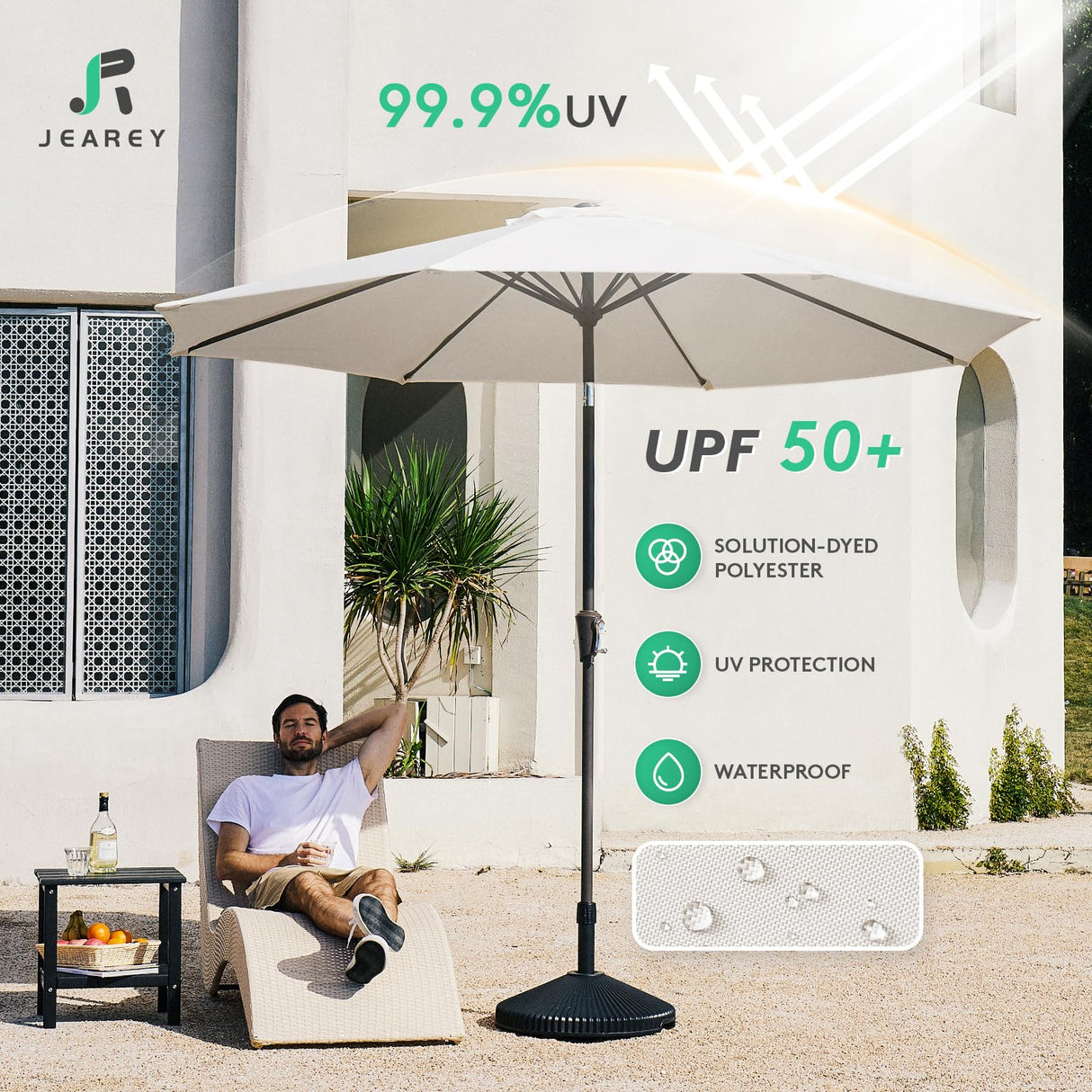 JEAREY 10FT Outdoor Patio Umbrella Outdoor Table Umbrella with Push Button Tilt and Crank, Market Umbrella 8 Sturdy Ribs UV Protection Waterproof for Pool, Garden (Creamy-white) JEAREY