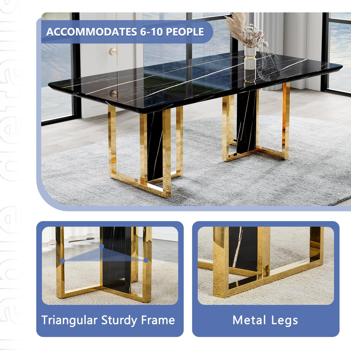 79in Dining Table Set For 10,Kitchen Table Chairs Set With Glossy Faux Mareble Table Top ,Black Rectangle Dining Room Table Set For 10,11 Piece Kitchen Table And Chairs Set For Kitcken Dining Room JUFU