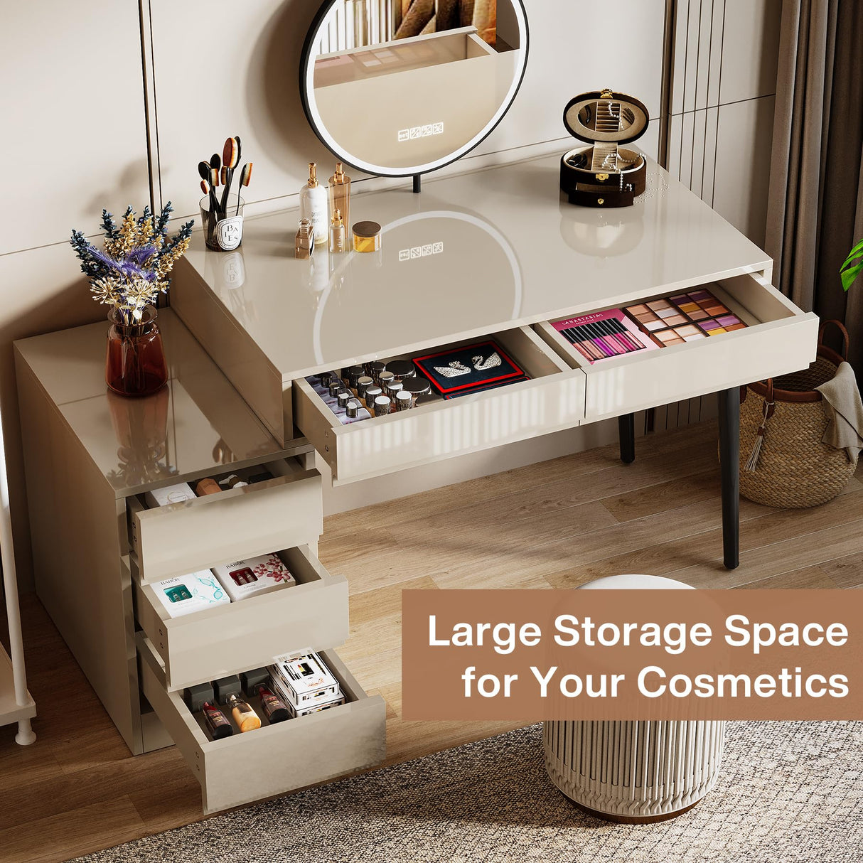 Tribesigns Vanity Desk with 5 Drawers, Makeup Table with Reversible Drawer Cabinet Printer Stand, Modern Computer Desk Dressing Table for Bedroom Office, Gloss Beige (No Mirrors) Tribesigns