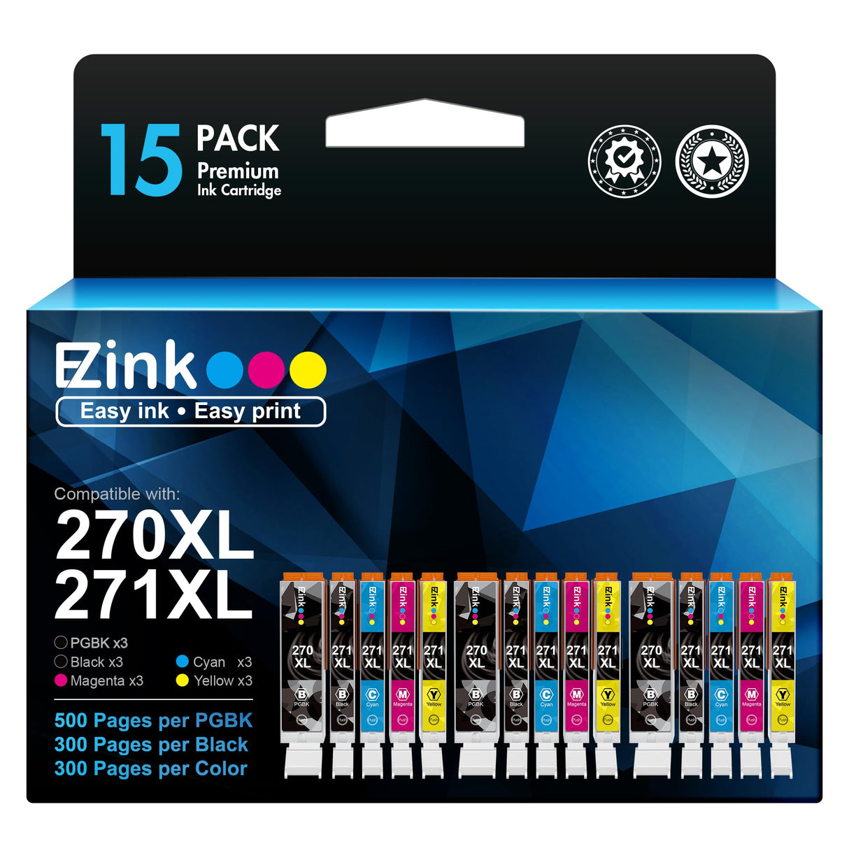 E-Z Ink Compatible Ink Cartridge Replacement for Canon PGI-270XL CLI-271XL PGI 270 XL CLI 271 XL to use with MG6821 TS5020 TS9020 (3 Large Black,3 Small Black,3 Cyan,3 Magenta,3 Yellow) 15 Pack E-Z Ink
