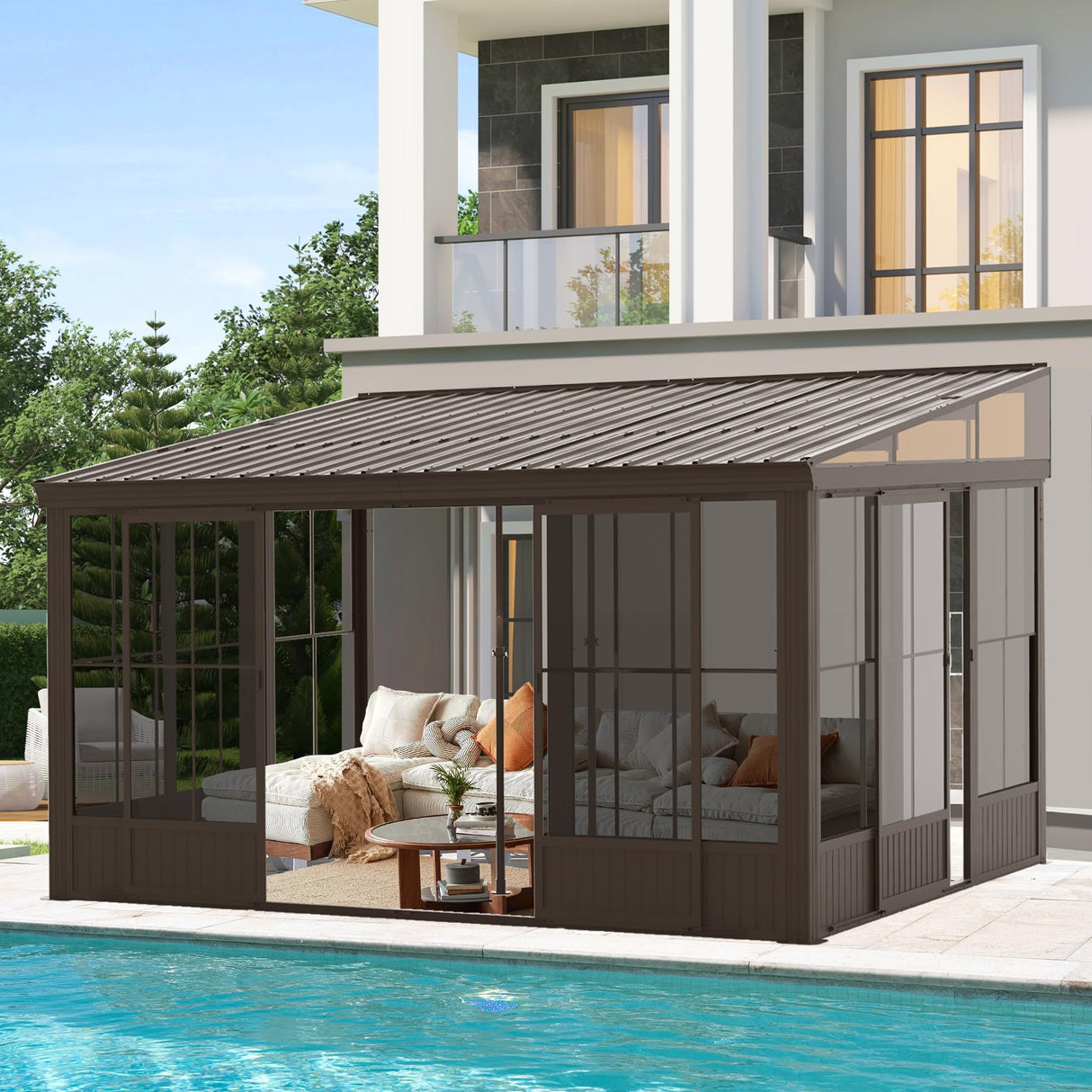 SHPAI 12'x14' Lean to Sunroom, All Weather Wall Mounted Solarium, Hardtop Aluminum Gazebo with Galvanized Steel Roof, 2 Sliding Doors, PVC Screens, Outdoor Permanent Sun Room for Patio, Deck, Backyard SHPAI