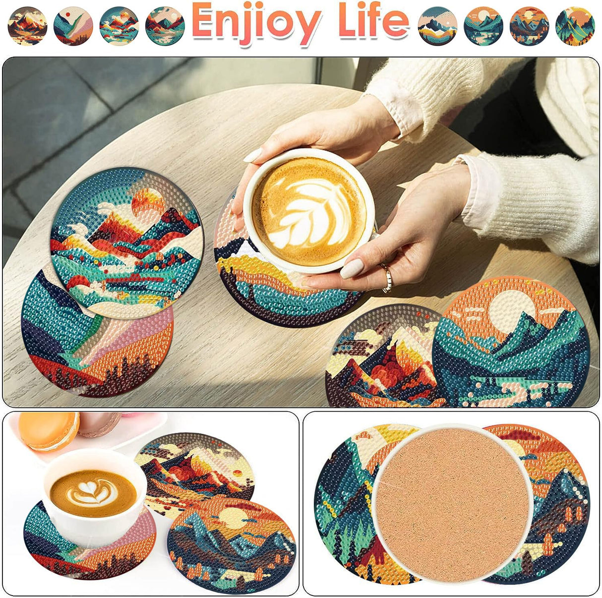 ijbnhd 8 Pcs Sunset Diamond Painting Coasters with Holder, Abstract Landscape Diamond Art Coasters Diamond Painting Kits for Beginners, Adults Art Craft Supplies ijbnhd