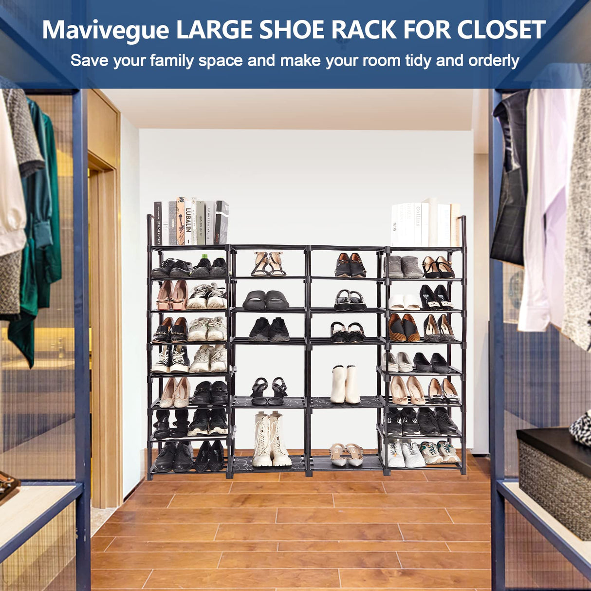 Mavivegue Extra Large Shoe Rack, 8 Tier 4 Rows 72-76 Pairs Big Tall Metal Shoe Shelf,Big Boot Rack Storage Organizer for Garage,Show Rack Shoe Holder Stand,Closet Rack Organizers and Storage Mavivegue