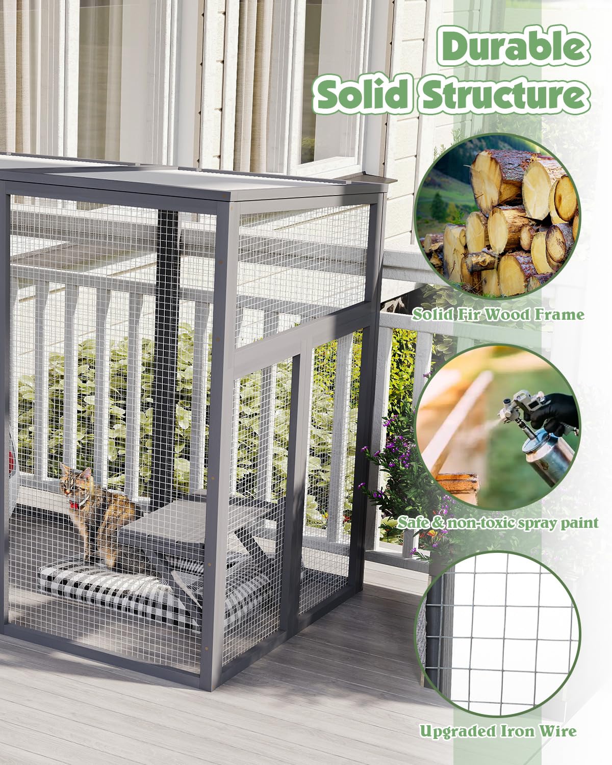 COZIVVOVV Outdoor Cat House, 71" Catio Outdoor Cat Enclosure, Large Cat Houses & Condos, Cattio for Apartment Balcony, Window Cat Cage Weatherproof, Grey COZIVVOVV