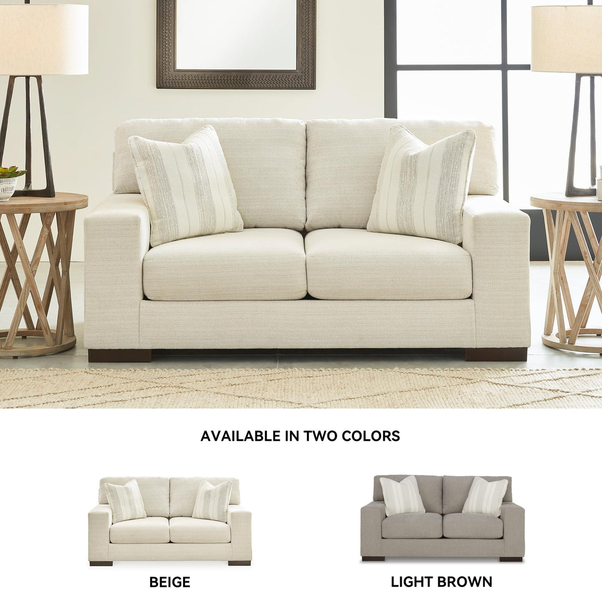 Signature Design by Ashley Maggie Contemporary Upholstered Loveseat with Accent Pillows, Off-White Signature Design by Ashley