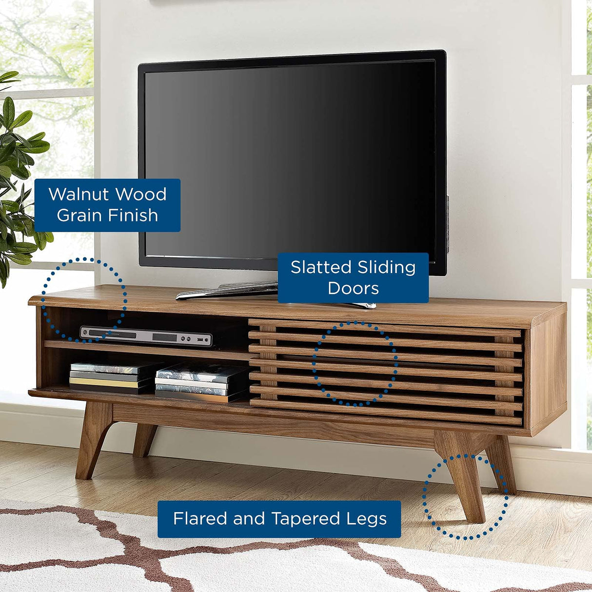 Modway Render 48" Mid-Century Modern Low Profile Media Console TV Stand, 48 Inch, Walnut Modway