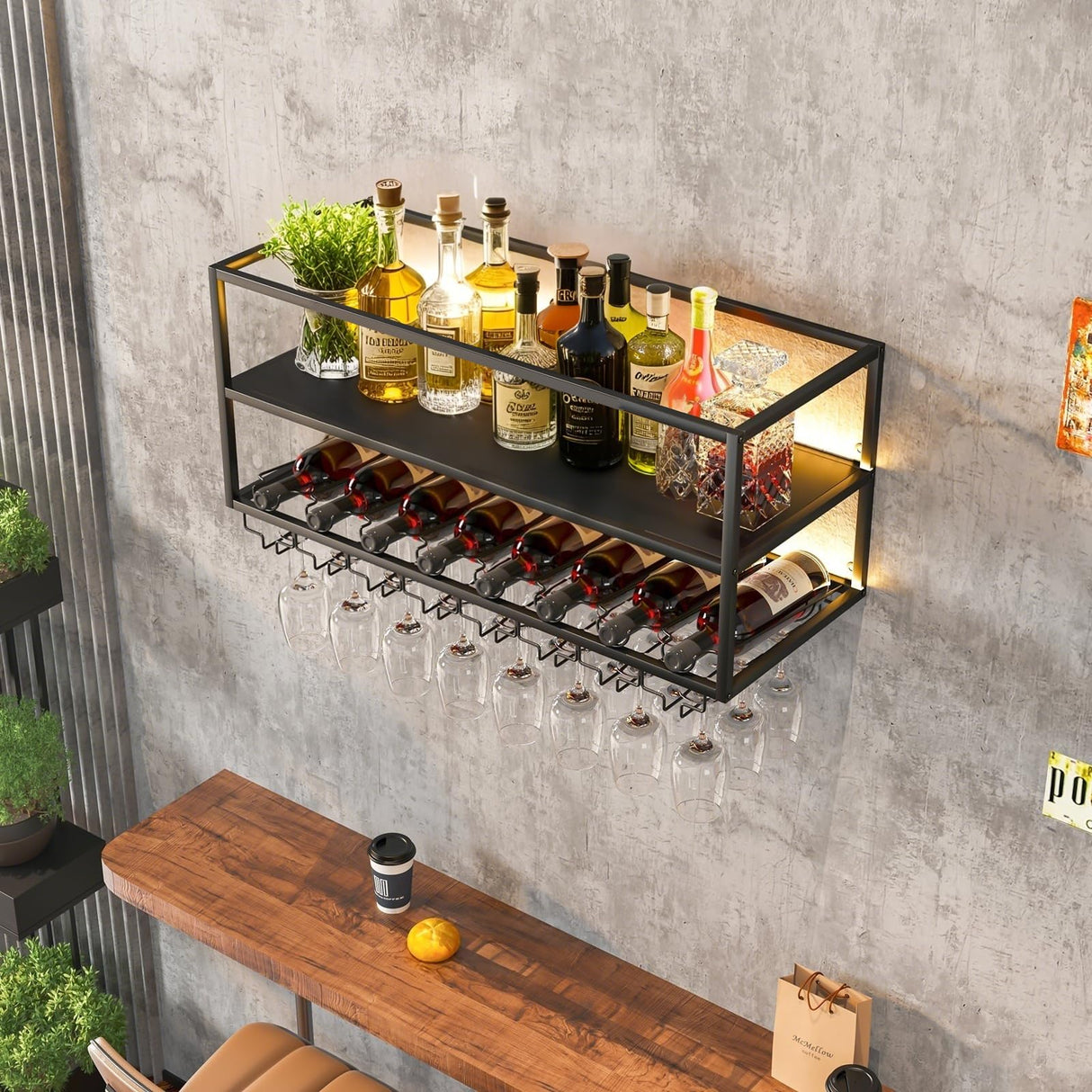 AKOGG Modern Wine Rack Wall Mounted with Glass Holder,Metal Liquor Shelf, Floating Bar Shelves,Liquor Bottle Display Shelf,Hanging Large Capacity Wine Storage Racks for Home Kitchen Dining Room AKOGG