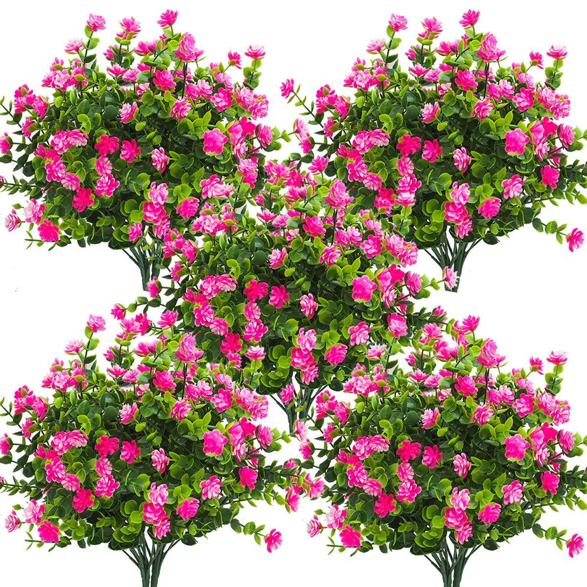 Grunyia 10 Bundles Artificial Fake Flowers, Faux Outdoor Plastic Plants UV Resistant Shrubs Outside Indoor Decorations (Pink-Eucalyptus) Grunyia