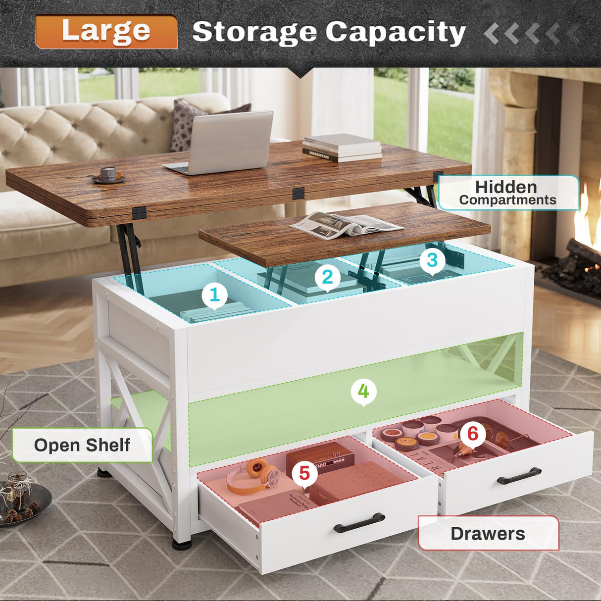 Itaar 40" Lift Top Coffee Table, 4 in 1 White Coffee Tables with Storage for Living Room, Small Coffee Table with 2 Drawers & LED Light for Dining Room, White and Rustic Brown Itaar