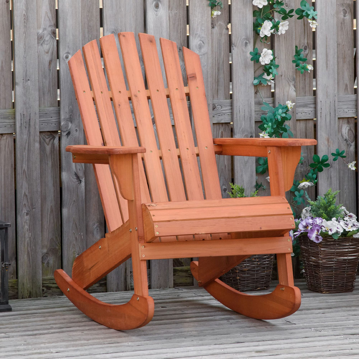 Outsunny Wooden Adirondack Rocking Chair Outdoor Lounge Chair Fire Pit Seating with Slatted Wooden Design, Fanned Back, & Classic Rustic Style for Patio, Backyard, Garden, Lawn, Teak Outsunny