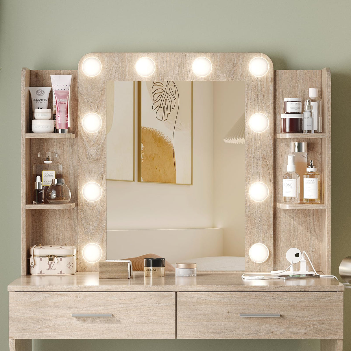 Vabches Vanity Desk with Mirror and Lights,Makeup Vanity Table with Charging Station,2 Drawer Bedroom Dressing Table with 3 Colors Modes Dimming & Cushioned Stool,Natural Oak Vabches