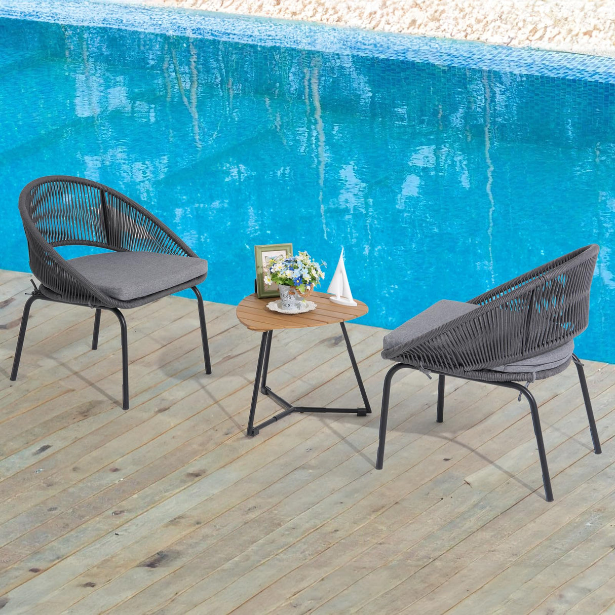 Yangming Patio Furniture Set, 3 Piece Outdoor Bistro Chair Conversation Sets Woven Rope with Wood Coffee Table for Yard Backyard Lawn Garden Porch Backyard Deck Poolside Balcony Yangming