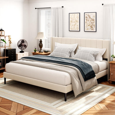 Sismplly King Size Bed Frame and Headboard,Vertical Channel Tufted Wingback No Box Spring Needed, Mattress Foundation, Easy Assembly, Beige