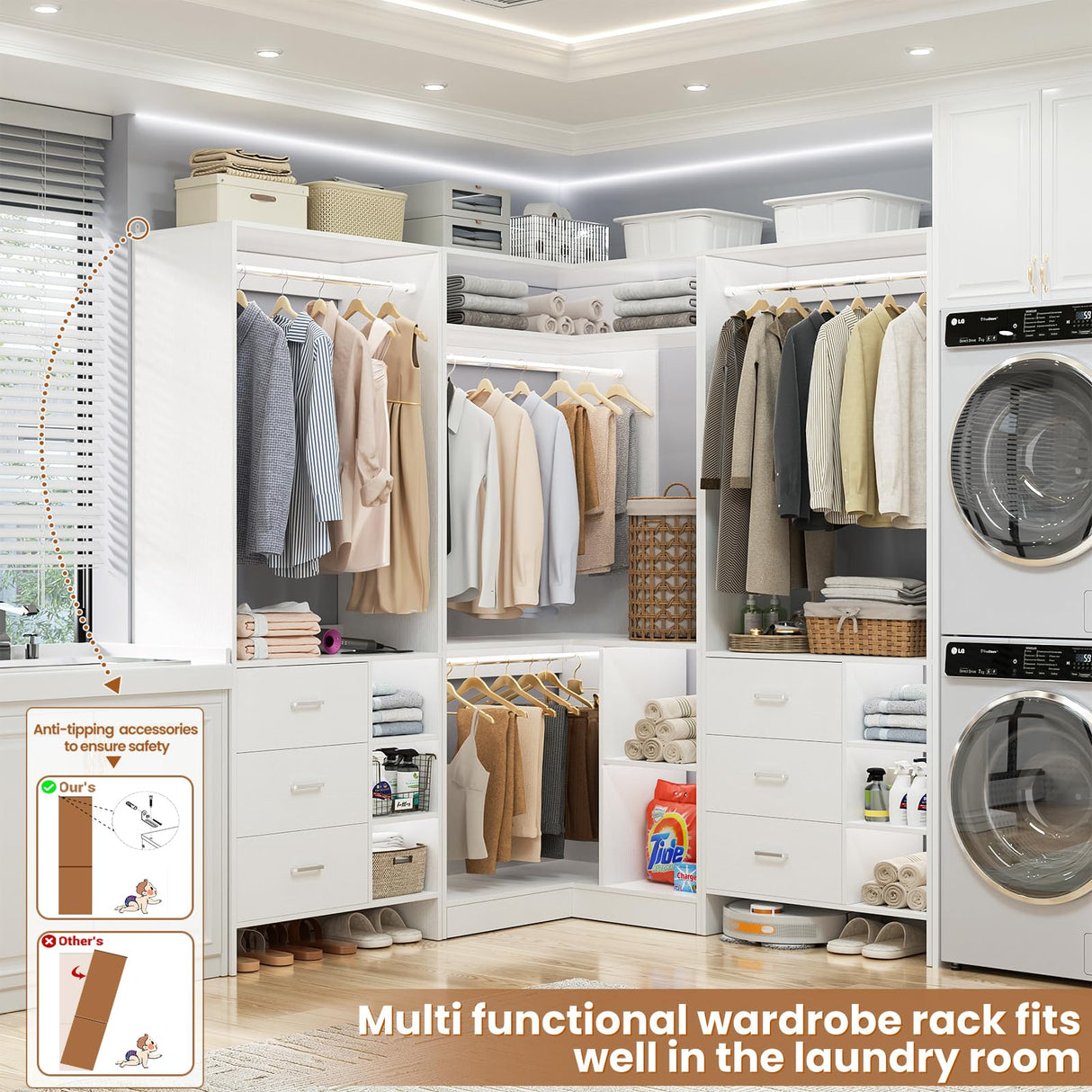 Aheaplus Closet System with 6 Drawers, 4 Hanging Rods & Corner Tower, Corner Closet System with Hanging, 92.6" L-Shaped Walk-In Wardrobe Organizer, 2000+ lbs Capacity, Set of 3, White Aheaplus