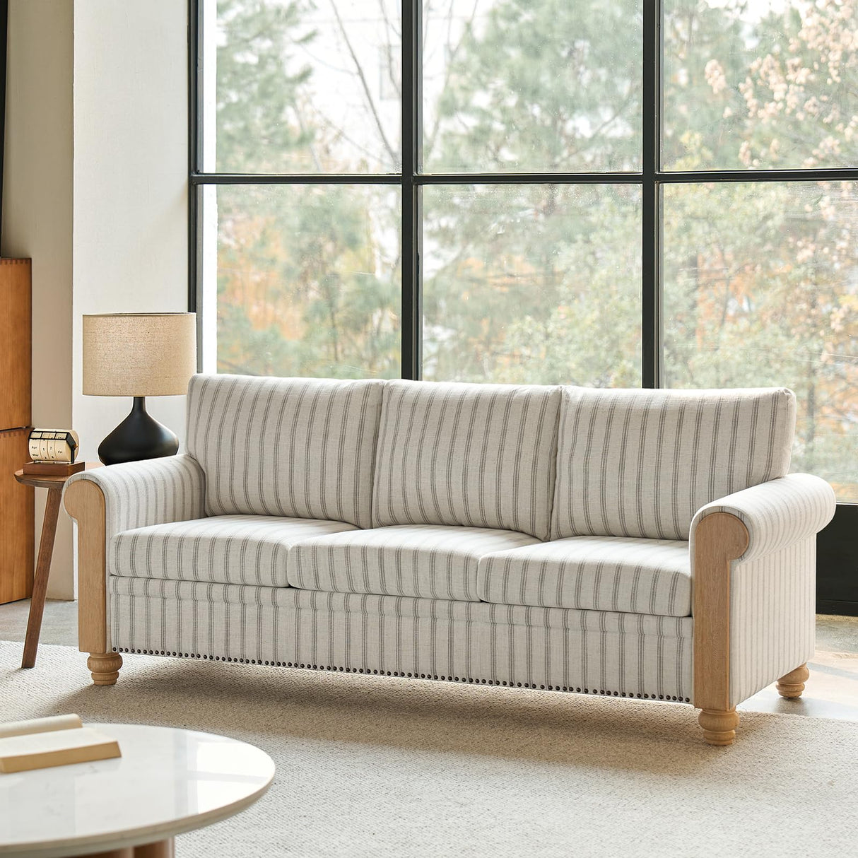 HULALA HOME 81" Farmhouse Couch with Stripe Pattern, 3 Seater Sofa with Solid Wood Legs and Rolled Wide Armrests, Comfy Upholstered Sofa with Nailhead Trims, FSC Certified, Stripe HULALA HOME