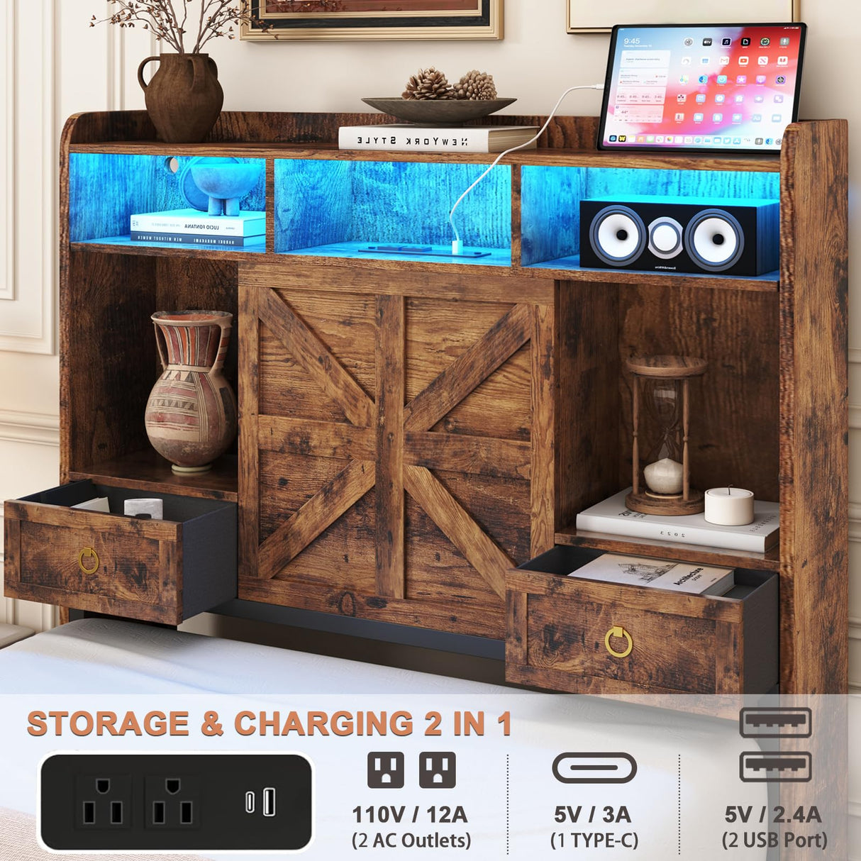 TIGUBFRE Twin Size Bed Frames with Storage Headboard and 3 Drawers, Farmhouse Platform Bed Frame with Charging Station & LED Lights, Metal Slats Support, Noise Free, No Box Spring Needed, Rustic Brown TIGUBFRE