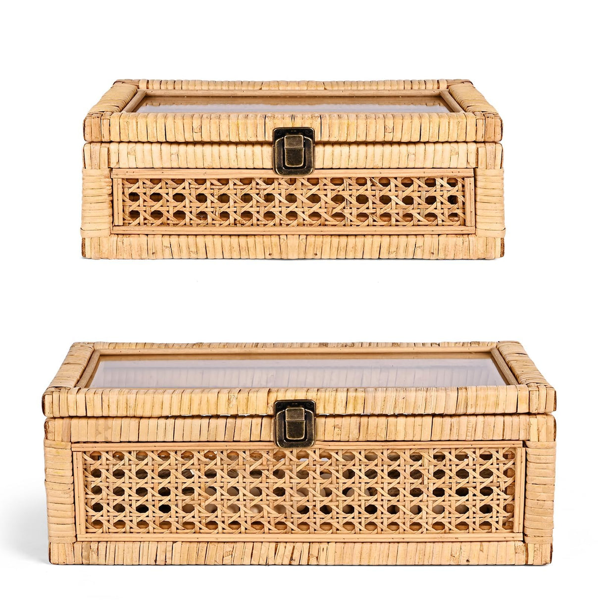 HUAXIN CRAFT H Rattan Decorative Box with Lid, Rectangular Woven with Glass for Display, Set of 2 Wicker for Decor HUAXIN CRAFT H
