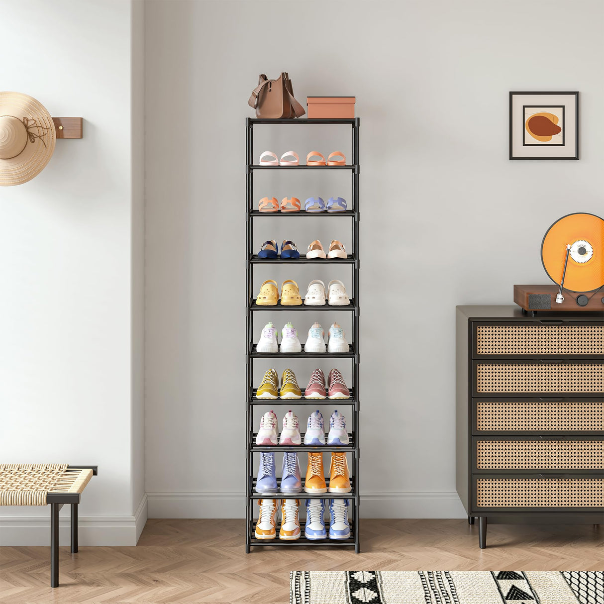Autonomier 10 Tier Tall Shoe Rack, Narrow Lightweight Shoe Shelf, Compact Vertical Shoe Stand, Small Space Saving for Closet Floor, Dorm Storage Organizer, Front Door Entrance, Entryway Autonomier