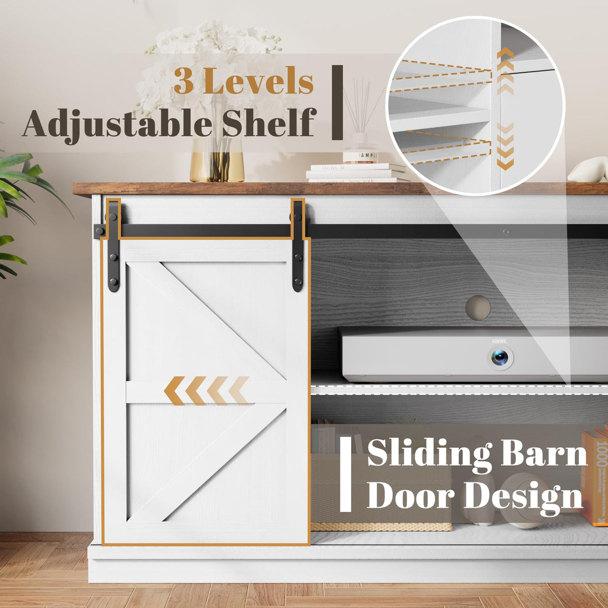 YESHOMY TV Stand for Televisions up to 65 Inchs, with Sliding Barn Doors and 4 Storage Drawers, Console Table and Media Furniture for Living Room, 58 Inch, Milk White YESHOMY