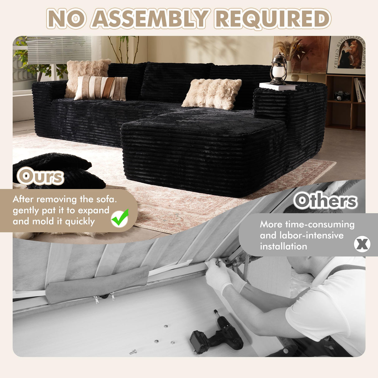 106" Cloud Sectional Couch with Chaise Lounge,L Shaped Modular Modern Sofa,Comfy Corduroy Fluffy Couch with Deep Seat,No Assembly Required Couch for Living Room(Right,Plush Corduroy,Black) weaxty W