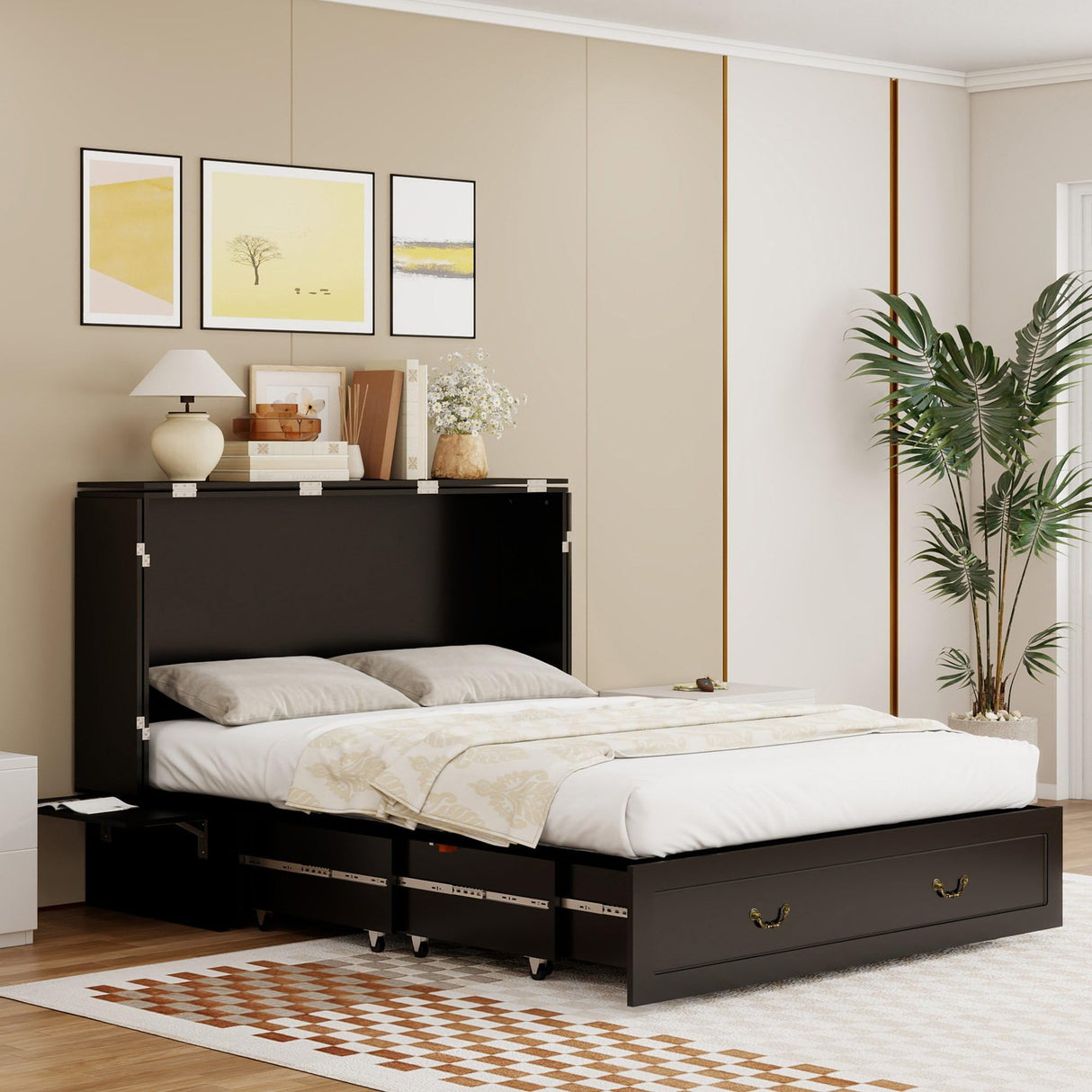 Tafeumob Murphy Bed Queen Size: Wood Murphy Bed Cabinet with Drawer Space-Saving with Golden Handle & Charging Station for Bedroom, Multipurpose Area, Guest Room, Apartment Black (Without Mattress) Tafeumob