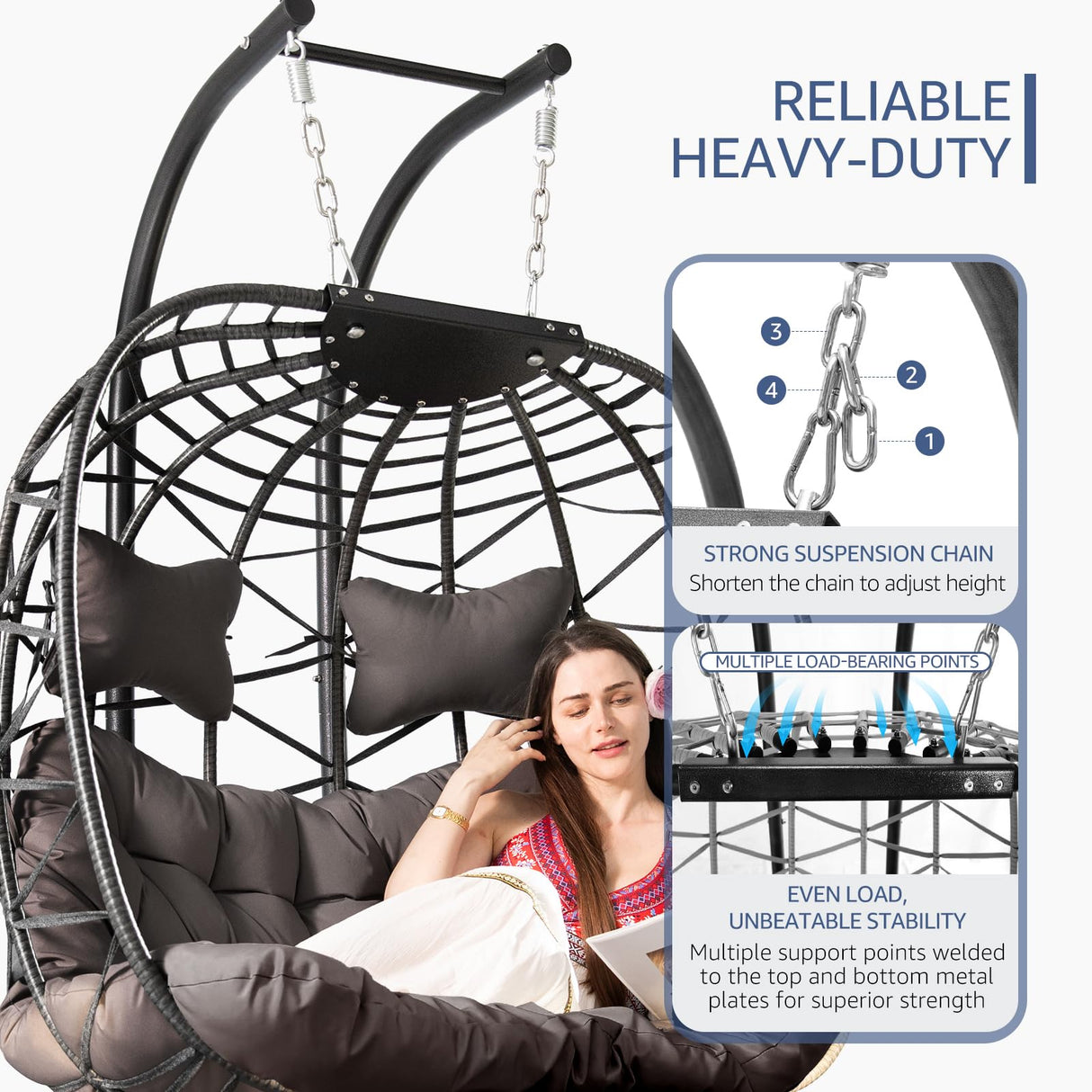 NICESOUL Double Egg Swing Chair with Stand, Oversized 2-Person Indoor Outdoor Hanging Hammock Chairs with Cushion, Wide and Large Comfy Loveseat, 700lbs Sturdy Porch Swings for Outside, Dark Gray NICESOUL